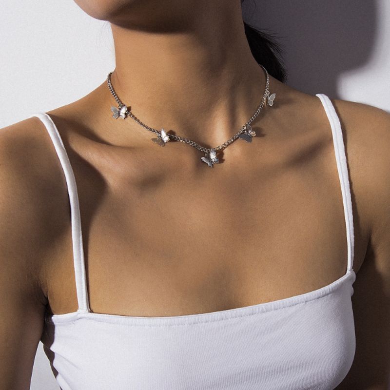 Vòng cổ nữ chocker mắt xích đính mặt hình cánh bướm