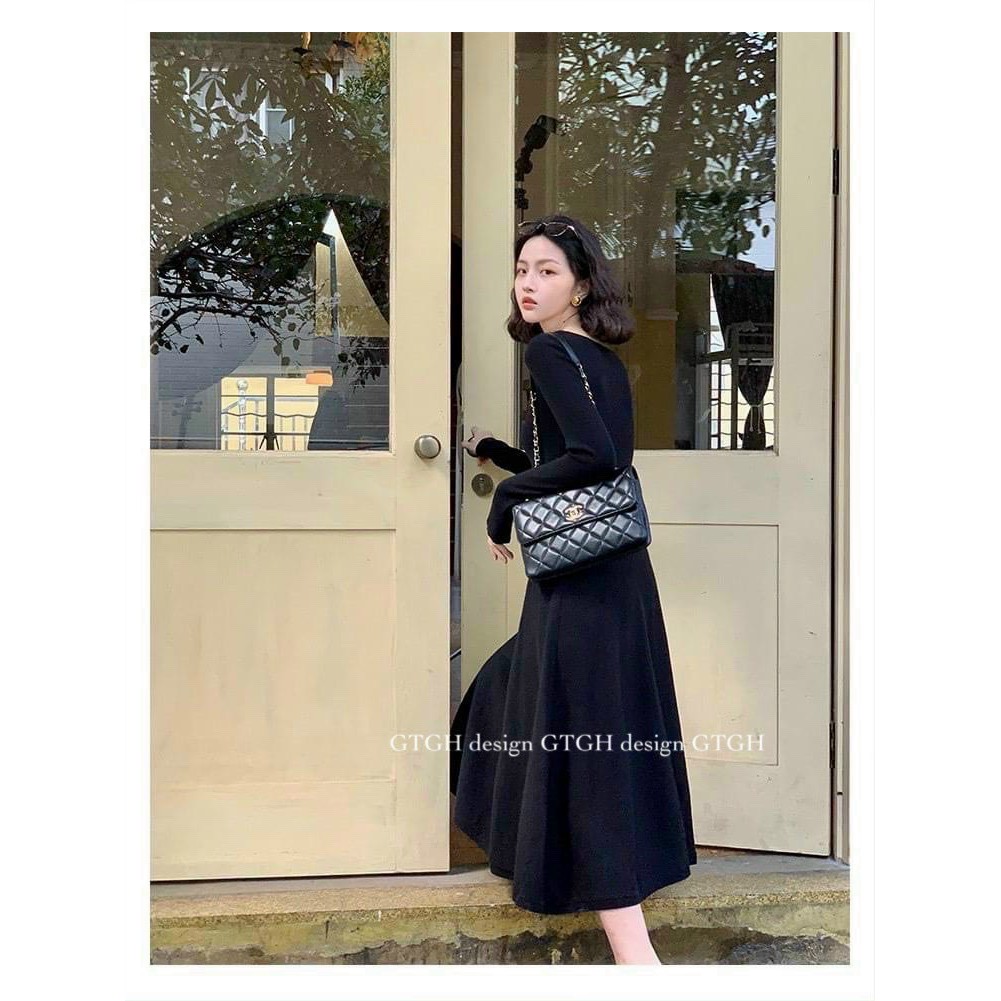 Váy midi len zip cổ U nữ - Đầm dáng xòe tay dài thun trơn bánh bèo tiểu thư ulzzang HOT | BigBuy360 - bigbuy360.vn