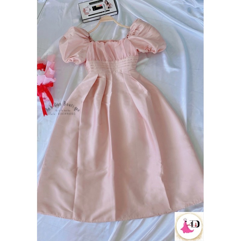 [ HÀNG CAO CẤP ]Đầm cổ vuông tay phồng xếp li eo thiết kế dự tiệc sang trọng | BigBuy360 - bigbuy360.vn