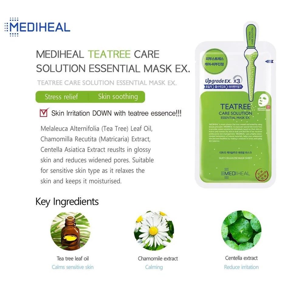 Hộp 10 Mặt nạ giảm mụn trà xanh Mediheal Teatree Healing solution Essential Mask