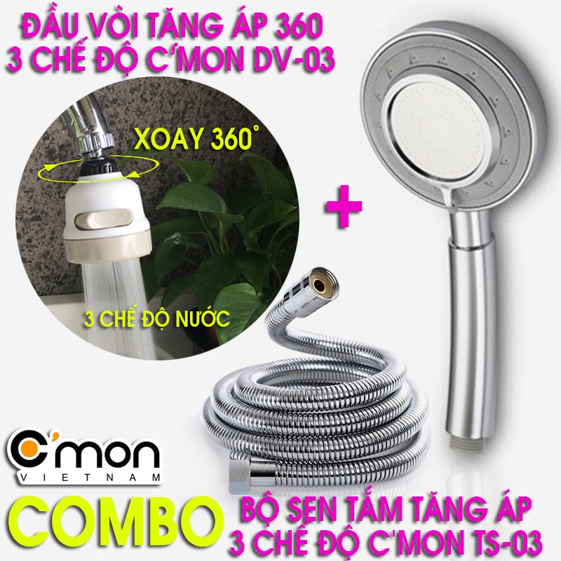 Combo Bộ vòi sen tăng áp 3 chế độ nước C'MON TS-03 + Đầu vòi điều hướng tăng áp 360° với 3 chế độ nước C'MON DV-03