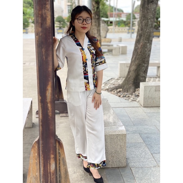 Đồ lam đi chùa nữ mẫu bà lai lụa phối hoạ tiết tay lỡ, vải tuyết nhung cao cấp, form suông, hàng big size