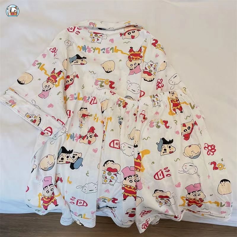 Bộ Đồ Ngủ Áo cardigan Tay Ngắn Phối Quần short Mỏng In Hoạt Hình Dễ Thương Thời Trang Mùa Hè Cho Nữ