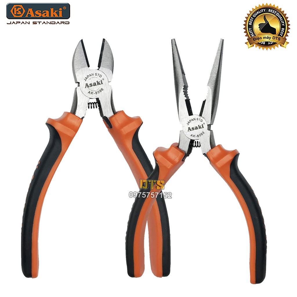 Bộ 2 kìm cắt - kìm nhọn kiểu Mỹ Asaki A+cut Tech 6 inch/ 150mm, thép High Carbon độ cứng cao