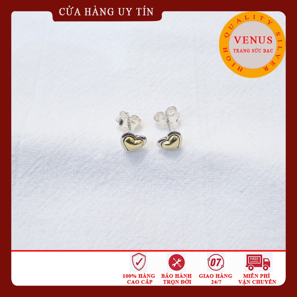 [ Hàng cao cấp] Bông tai tim vàng- Trang sức bạc Venus