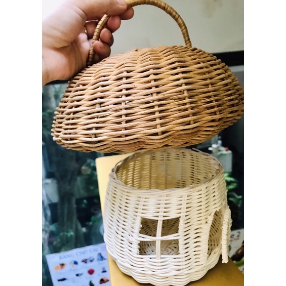 Nhà nấm bằng mây có quai trang trí phòng, chụp ảnh cho bé, đèn ngủ nấm, đồ chơi cho bé, giỏ mây đựng đồ