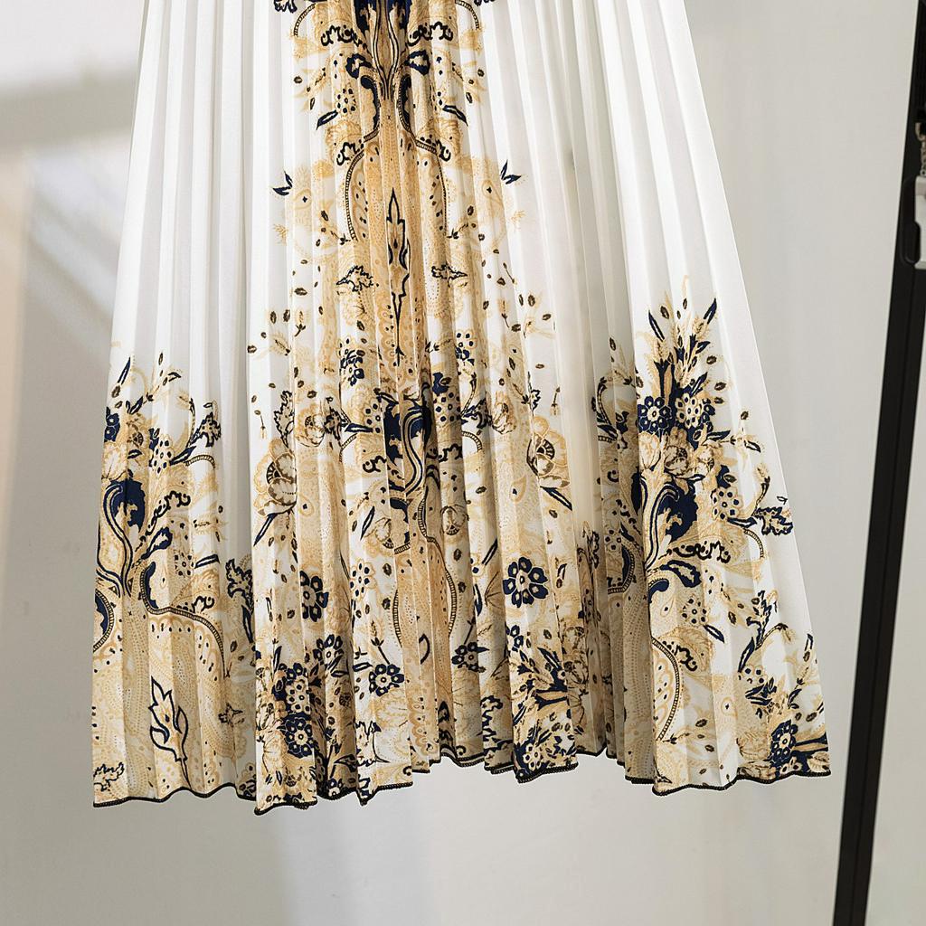 Chân VáY Midi Chữ A, In Hoa, Lưng Thun