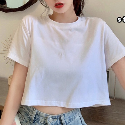 Áo croptop nữ cổ tròn tay ngắn trơn form rộng unisex 40-65kg