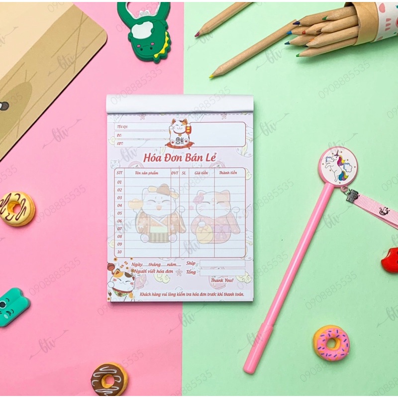 Hoá Đơn Bán Lẻ Cute size 11.7x16.5cm-100 tờ/1 cuốn, Giấy dày Fo70