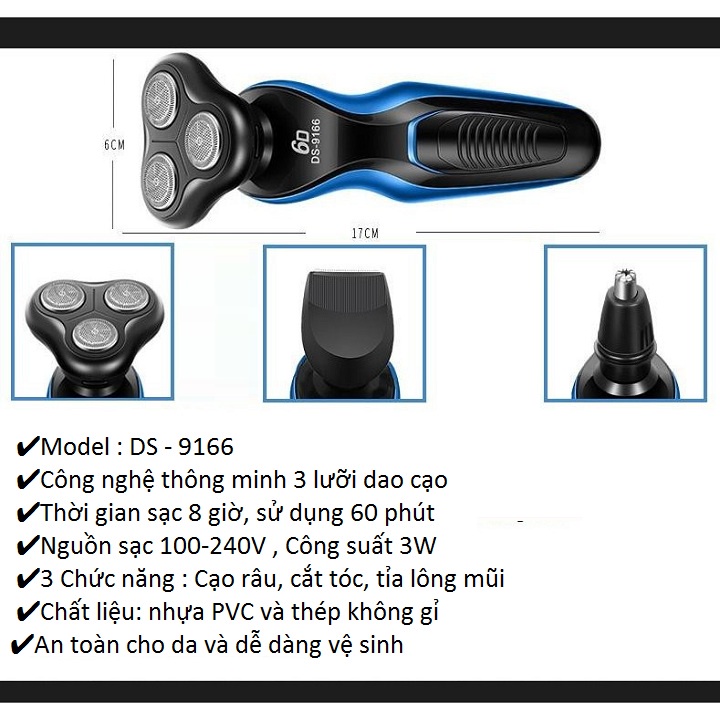Máy cạo râu đa năng 3IN1 hàng chính hãng sử dụng pin sạc chống nước gồm đầu tông đơ, đầu cạo râu và đầu tỉa lông mũi