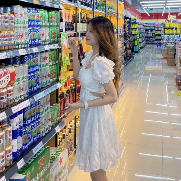 Đầm hoa nổi khoét lưng cao cấp  PLĐ57