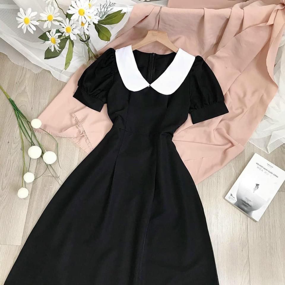 Váy Nữ Cổ Sen Chữ A Thanh Lịch, Đầm Nữ Màu Đen Chất Đẹp