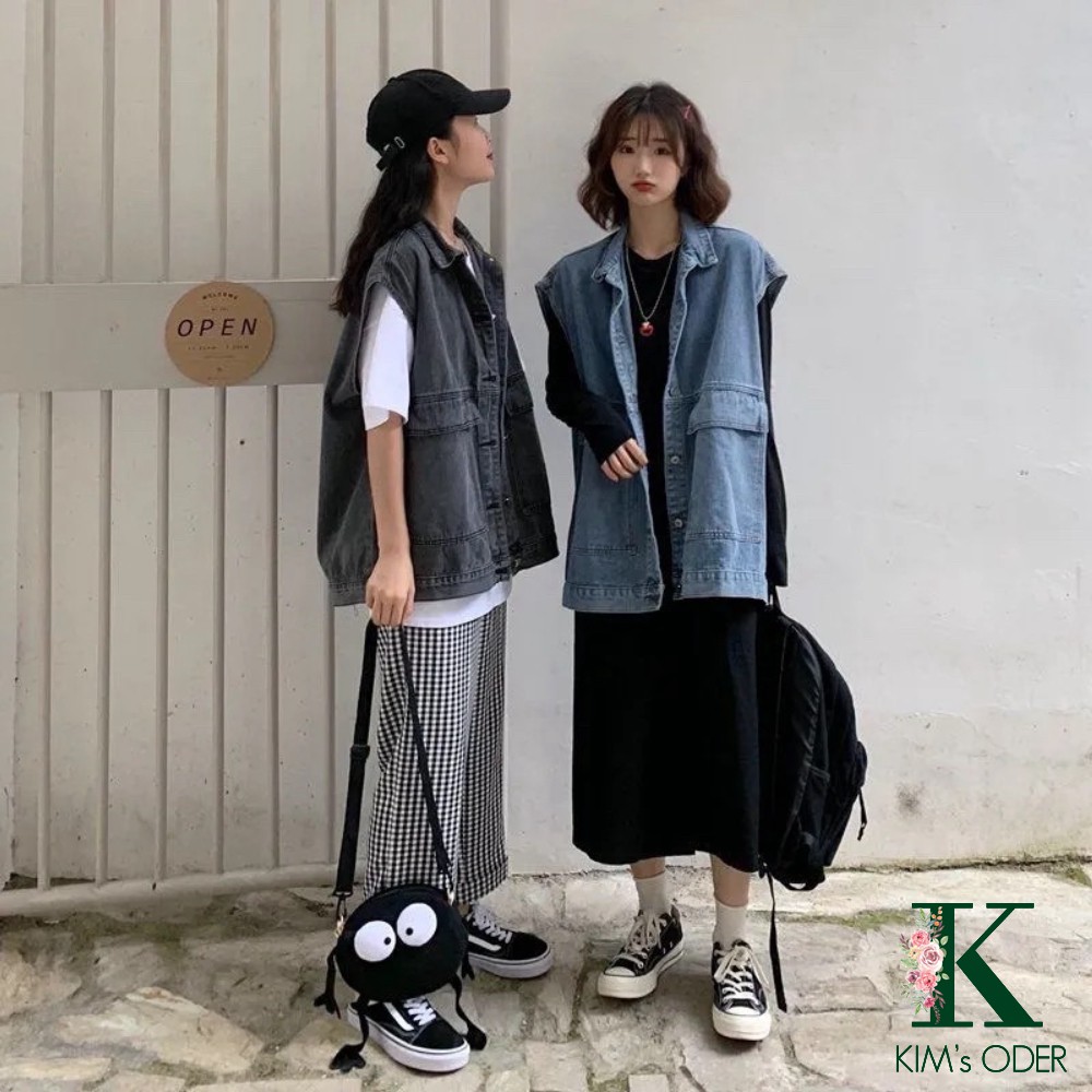 Áo khoác jean nữ sát nách phong cách Ulzzang retro Hàn Quốc cá tính năng động màu xanh và màu đen phom rộng chất đẹp