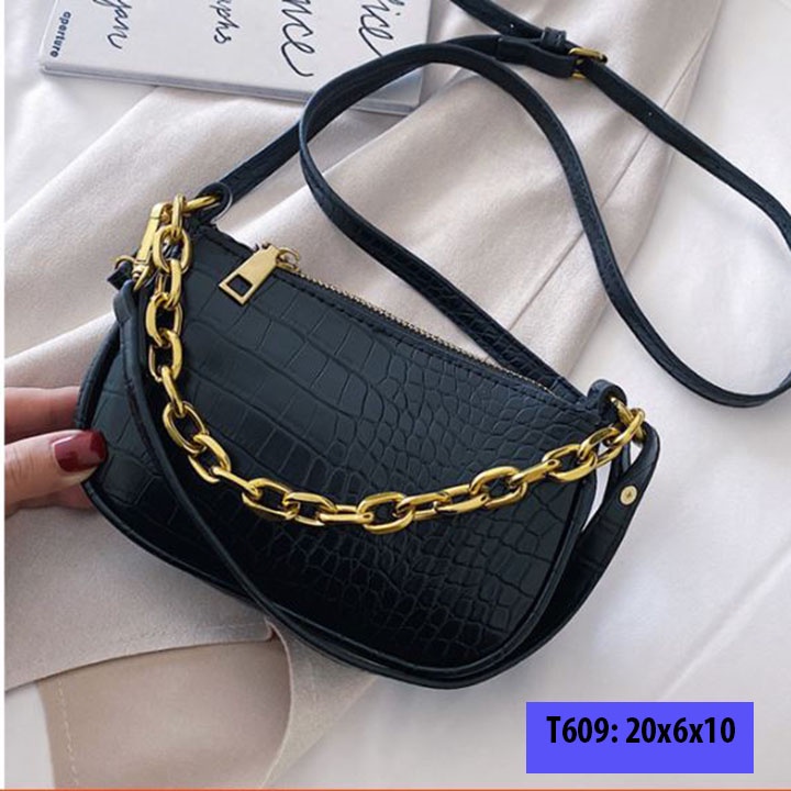 Túi xách đeo vai kẹp nách nữ da sần dây xích vàng có dây đeo chéo cá tính T609