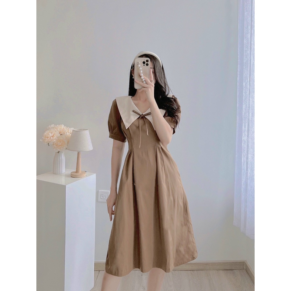 Váy cổ nơ tay bồng chất liệu kaki Hàn cao cấp VNS03 hai màu be, nâu vintage YAME