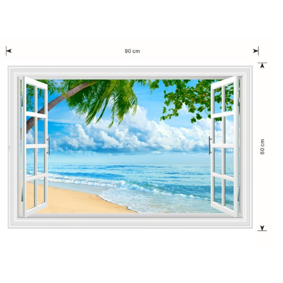 Decal trang trí cảnh biển xanh và cây dừa nghiêng