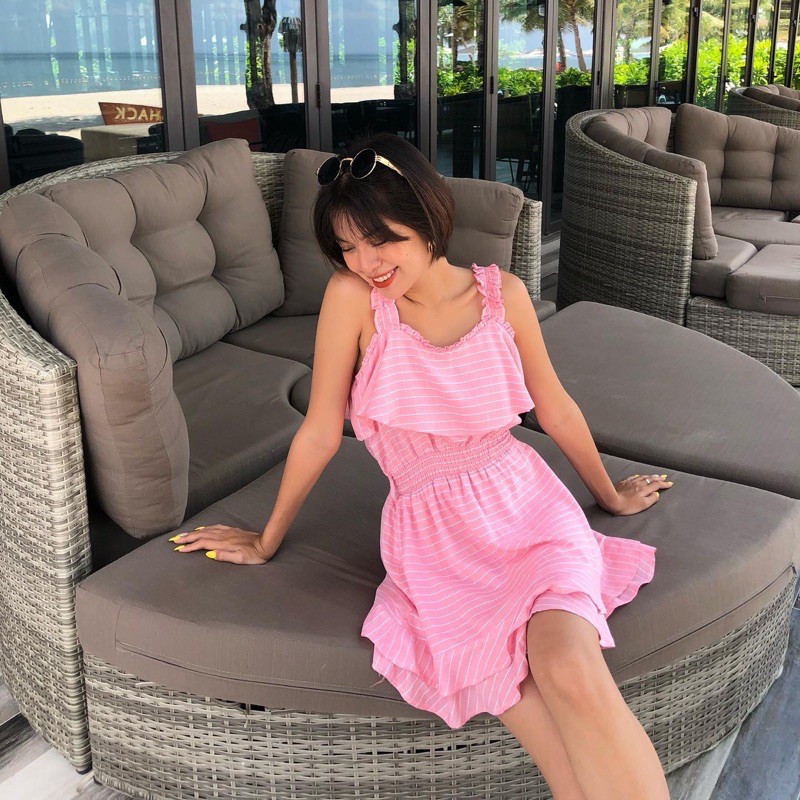 đầm hồng kẻ caro