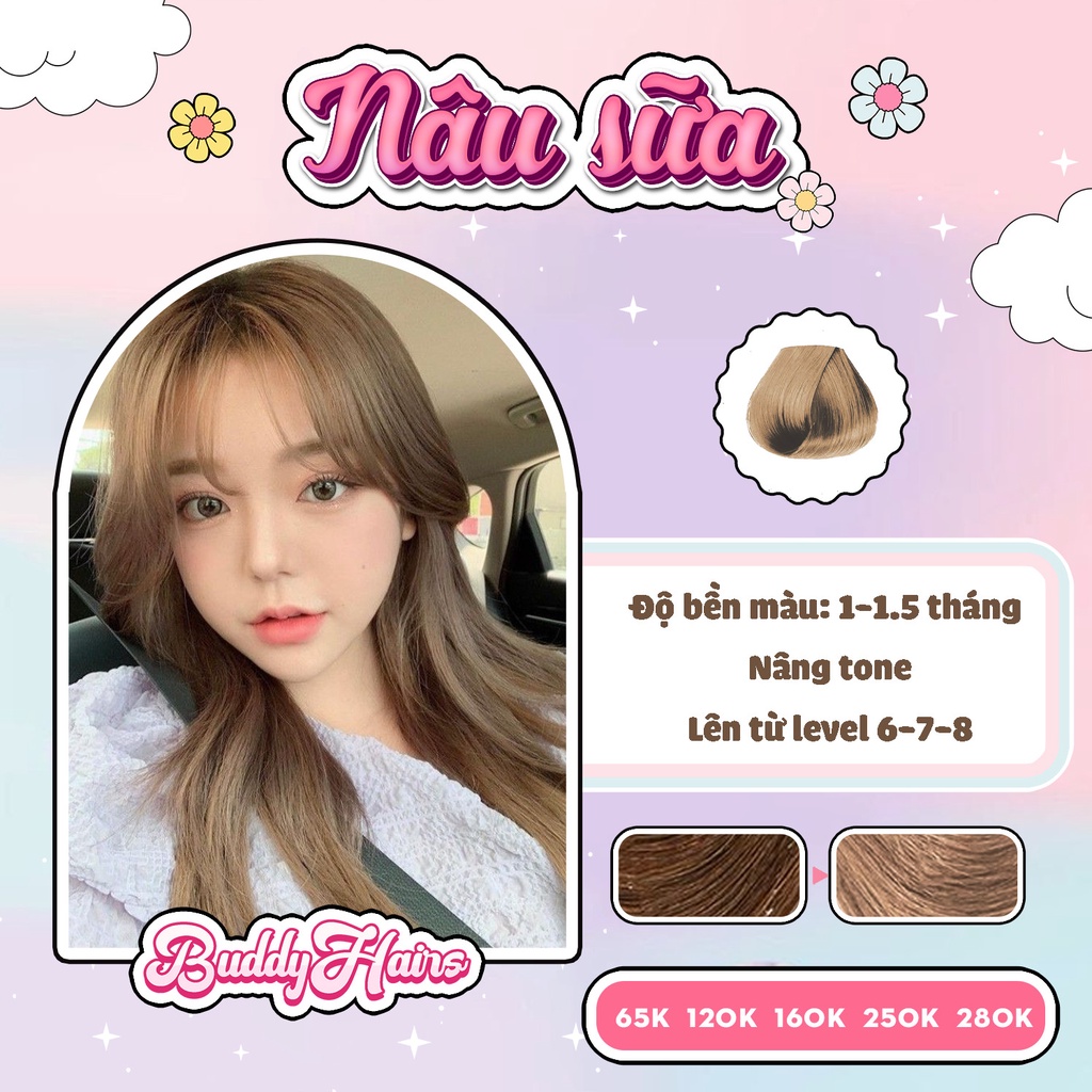 Thuốc nhuộm tóc NÂU SỮA , NÂU TRÀ SỮA không dùng Thuốc tẩy tóc của Buddyhairs tặng kèm găng tay , mũ trùm , trợ nhuộm