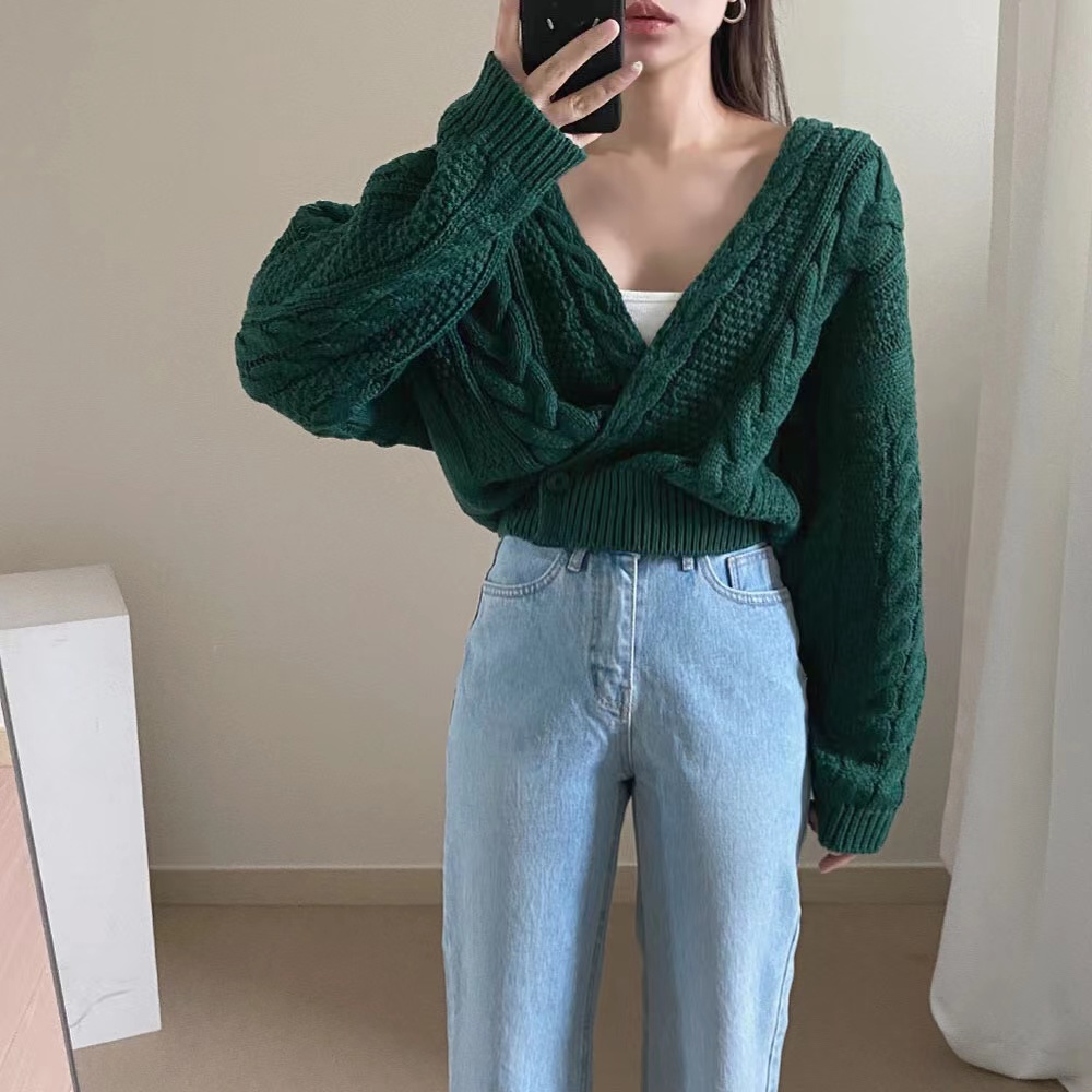 DUNEA Áo Sweater Dệt Kim Cổ Chữ V Phối Một Hàng Nút Phong Cách Vintage Gợi Cảm Cho Nữ
