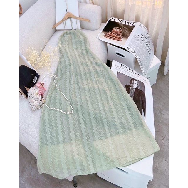 Đầm cổ yếm màu xanh cột nơ lưng hình thật
