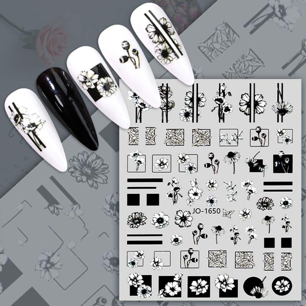 Miếng Dán Trang Trí Móng Tay 3D Họa Tiết Hoa Trắng Đen Thời Trang