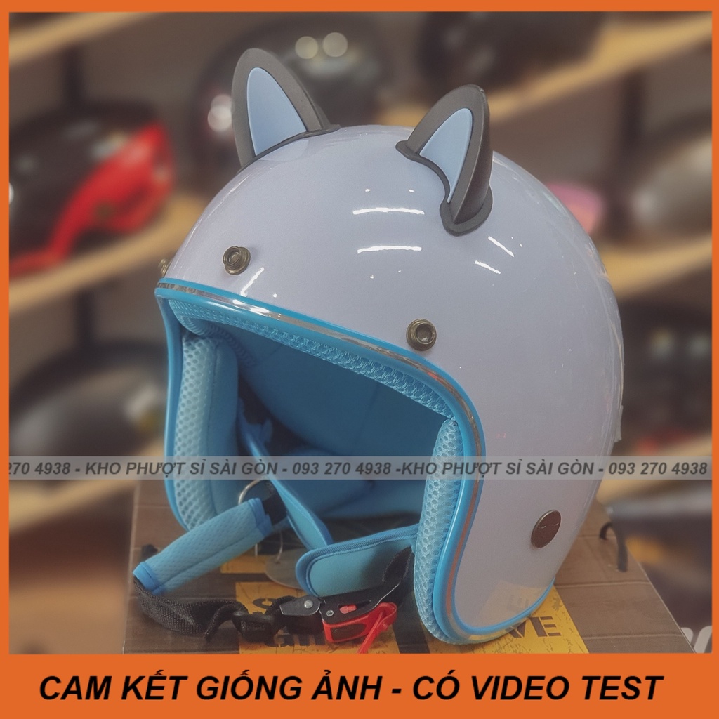 Mũ nón 3/4 màu hồng loang trắng gắn tai mèo nhựa có viền cho nữ nam - Nón bảo hiểm tai mèo