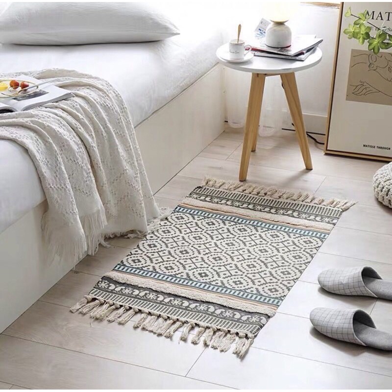 Thảm dệt nổi 3D sợi cotton và linen có tua rua (60x90cm+20cm tua rua)