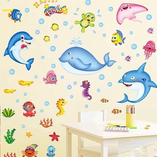 Tranh decal dán tường đại dương xanh cùng nhiều cá lớn vui đùa trang trí phòng ngủ cho bé - decal dán tường