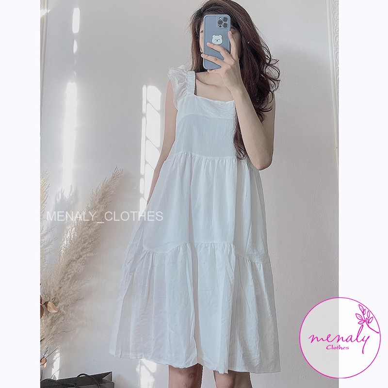 Váy babydoll ngắn nữ cánh tiên cổ vuông VH044, mẫu váy tiểu thư nữ tính kiểu dáng đơn giản 2 màu cơ bản | BigBuy360 - bigbuy360.vn
