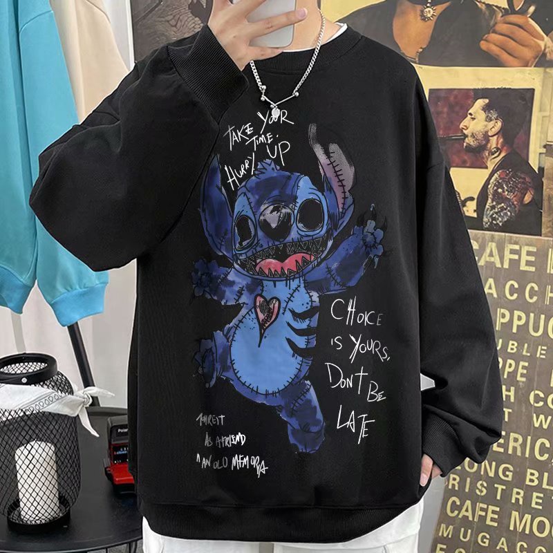 Áo sweater cổ tròn dáng rộng in hình hoạt hình Stitch phong cách Hàn Quốc có 5 màu size M-8XL cho nam