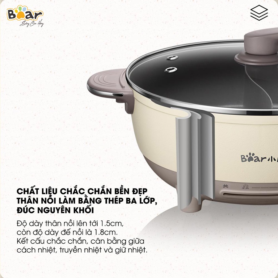 Nồi lẩu điện Bear SUBE006 chia 2 ngăn tiện lợi, dung tích lớn