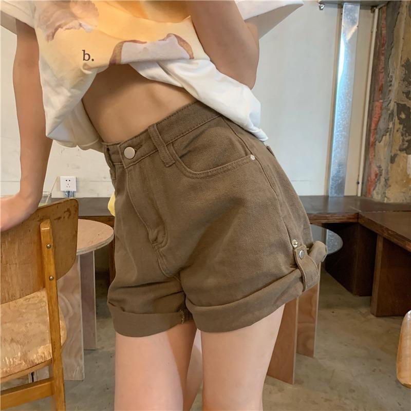 Jiashucheng Quần Short Denim Lưng Cao Ống Suông Màu Nâu Phong Cách Retro Mỹ