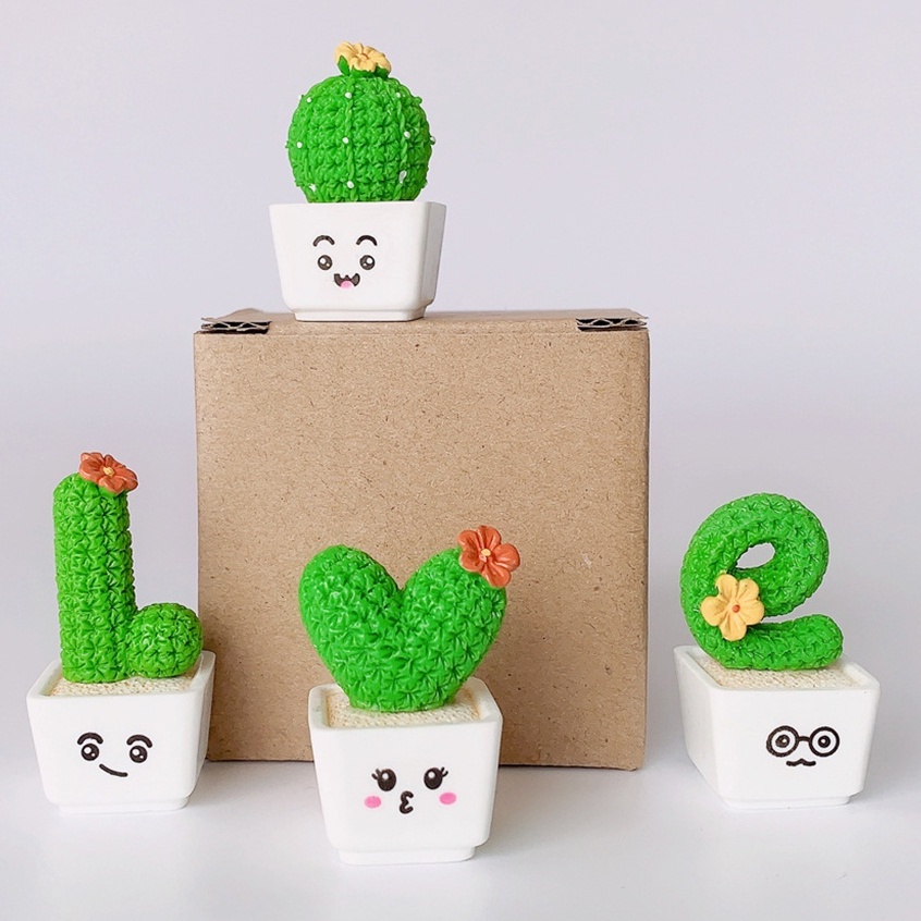 Bộ 4 Chậu Cây Xương Rồng Nhân Tạo Mini Màu Trắng Trang Trí Bàn Làm Việc