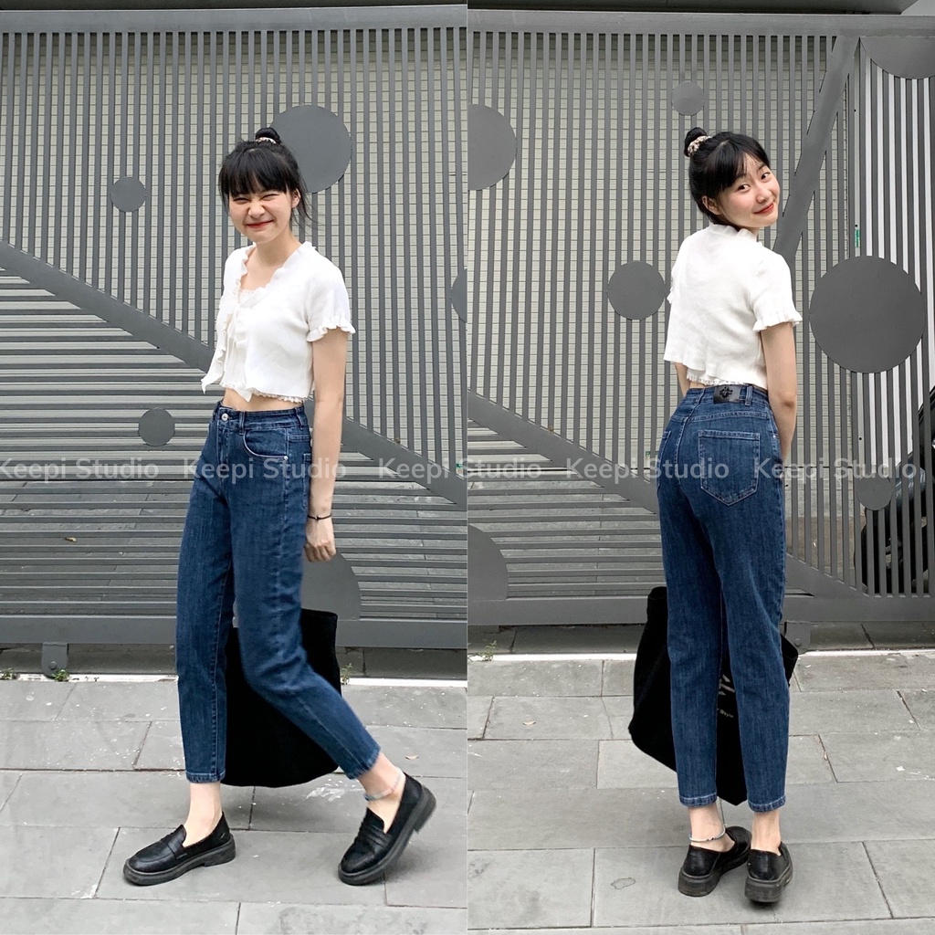Quần Jeans Nữ Quần Bò Dáng Baggy Màu Xanh Đậm Co Giãn