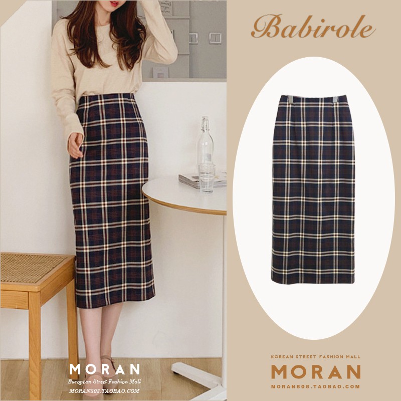 (ORDER) Chân váy MORAN cạp cao dáng dài bút chì kẻ sọc caro style công sở thanh lịch Hàn Quốc