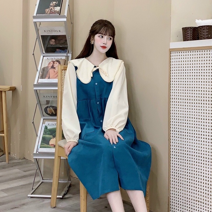 Đầm sơ mi cổ sen dáng suông hai túi trước ngực cúc dọc tay áo dài phối voan, váy nhung 4 màu VNS111 Tirahouse