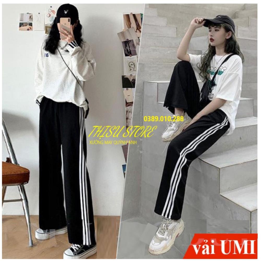 Quần thể thao 3 sọc nữ ống rộng viền kẻ sọc trắng có dây rút kéo - Quần thể thao ống rộng nữ chất vải Umi đi học thể dục