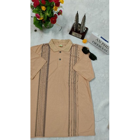 AP26 Áo thun trung niên cotton táo sọc có cổ tay ngắn vải mềm mát thấm hút mồ hôi