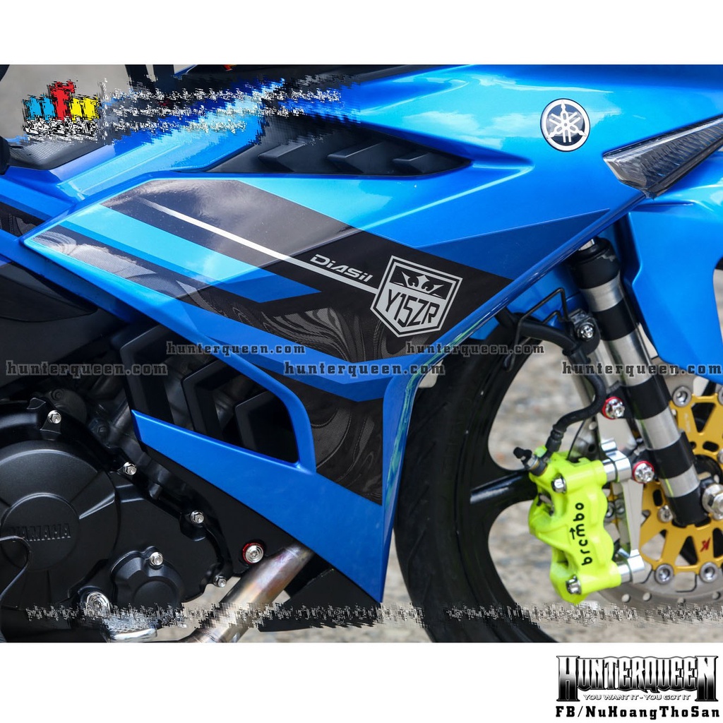 Tem rời in UV cao cấp, Dán xe Exciter 150 đời 2016-2018 màu đen xanh. Mẫu decal Y15ZR hoa văn chìm ẩn