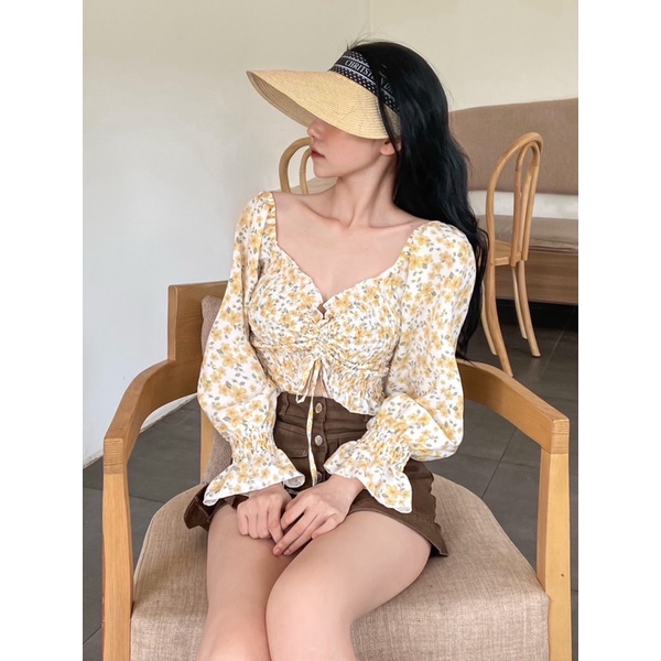 ÁO CROPTOP MÀU SẮC CHIZISHOP TƯƠI TẮN TRẺ TRUNG HOA NHÍ RÚT GIỮA TAY DÀI