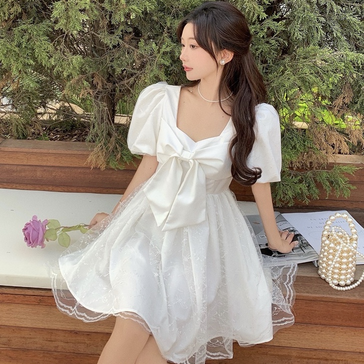 Đầm Công Chúa Mùa Hè Phối Ren Lưới Thắt Nơ Phong Cách Ngọt Ngào Phong Cách Mới Cho Bé Gái