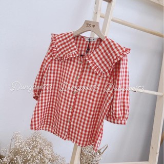 Áo sơ mi kẻ tay bồng cổ sen