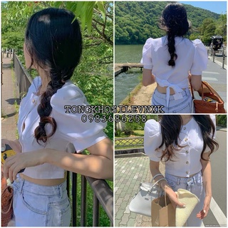 Áo croptop đũi cột nơ sau tay phồng màu trắng hot - áo croptop cài cúc buộc nơ lưng basic