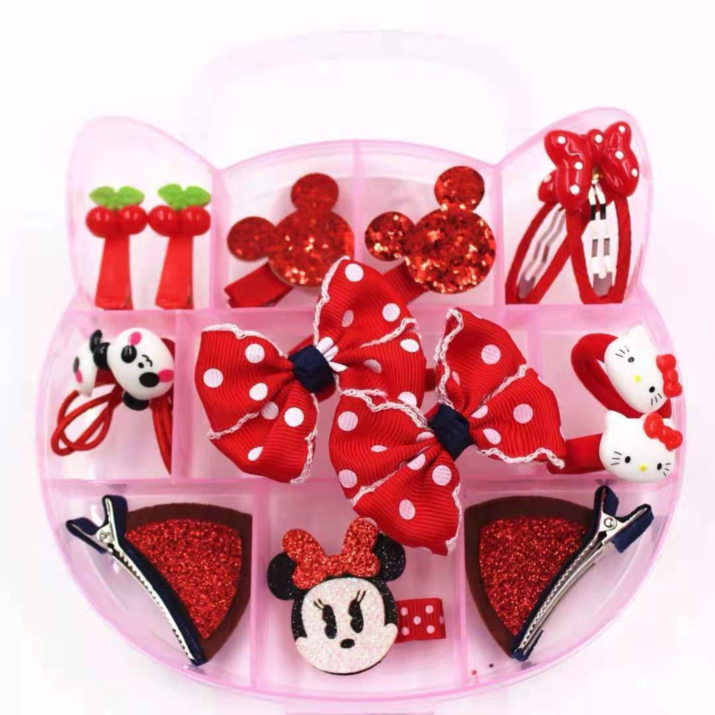 [14 pcs set] Set Dây Buộc Tóc Co Giãn Phối Ren Hoa Màu Hồng Phong Cách Hàn Quốc Cho Bé Gái