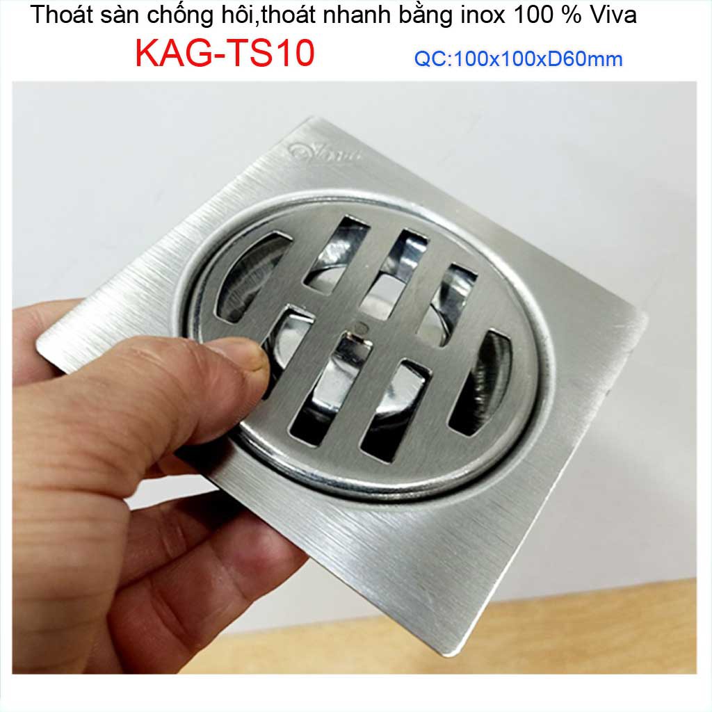 Hố ga thoát sàn Viva ống 6cm Inox mờ, phễu thoát nước chống hôi vuông 10x10cm KAG-TS10