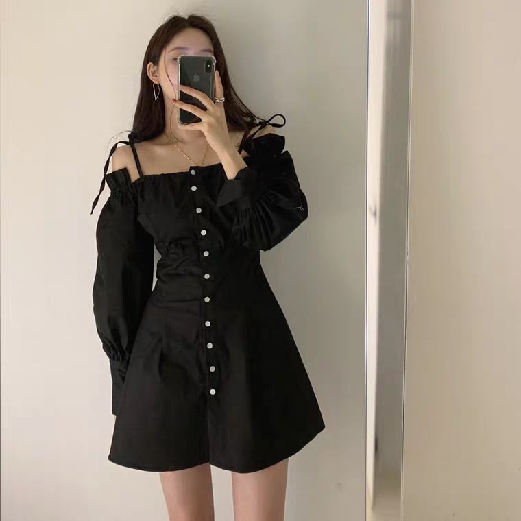 ĐẦM THIẾT KẾ BẸT VAI HÀNG KHUY TAY BỒNG TRẮNG ĐEN - VÁY MAXI THẮT NƠ CÚC CÀI TAY DÀI QUẢNG CHÂU | BigBuy360 - bigbuy360.vn