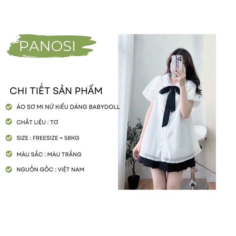 Áo kiểu sơ mi nữ babydoll màu trắng phối ren cổ nơ chất tơ mềm mại 2 lớp PANOSI - Mã A627