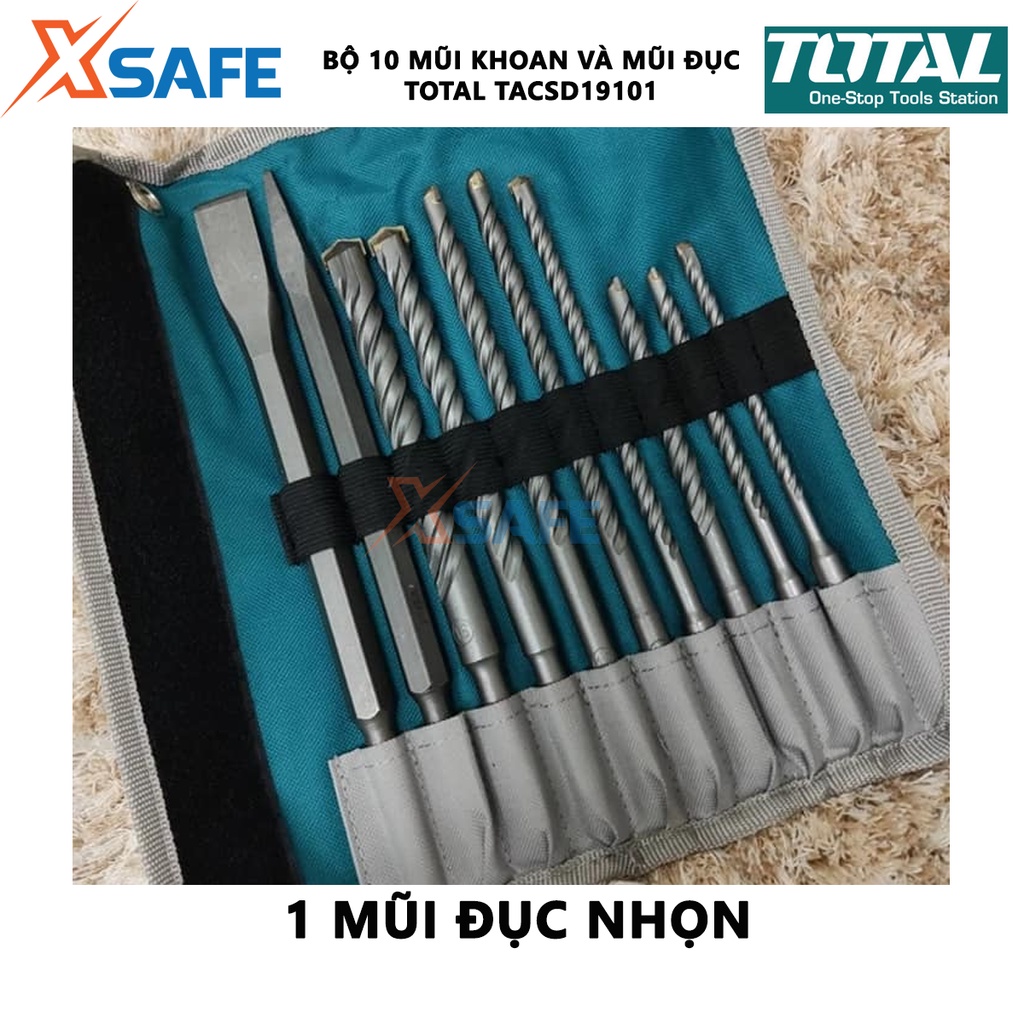 Bộ mũi khoan và mũi đục bê tông 10 chi tiết TOTAL TACSD19101 gồm 8 mũi gài và 2 mũi đục - [XSAFE]