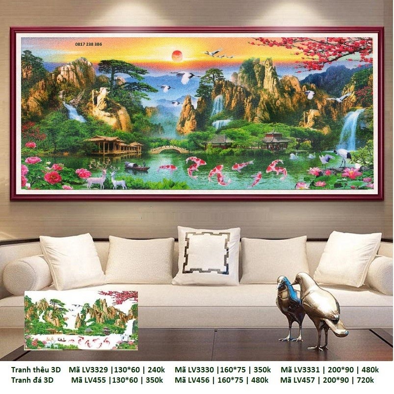 TRANH ĐÍNH ĐÁ PHONG CẢNH LƯU THỦY SINH TÀI LV457 (200 x 90 cm); LV456 (160 x 75 cm), LV455 (130 x 60 cm)