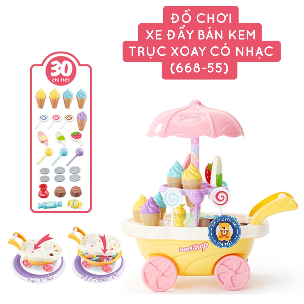 Đồ chơi nấu ăn nhà bếp mô hình xe đẩy bán kem cho bé 30 chi tiết có nhạc, đèn 668-56 - Thị trấn đồ chơi